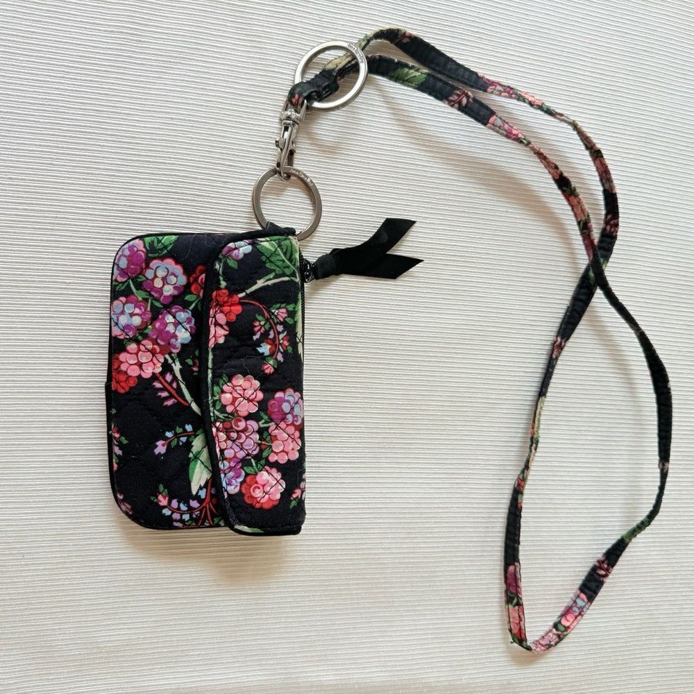 Vera Bradley Floral ID Card Holder Keyring Mini Wallet Quilted Black Boho Travel